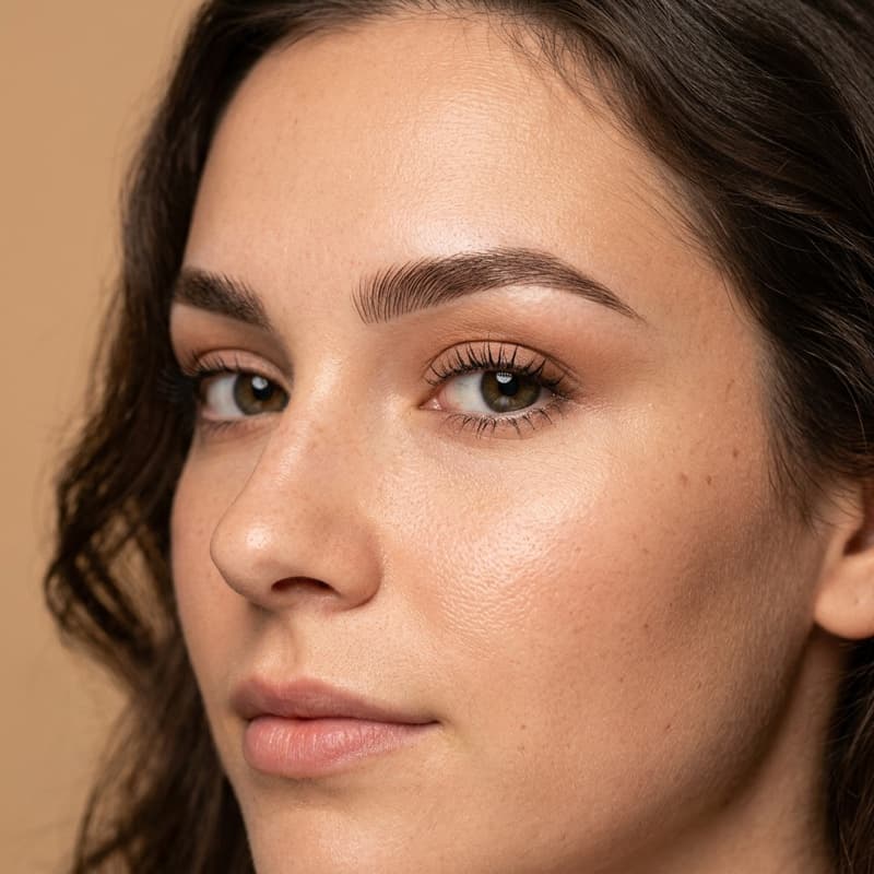 Editorial portrait of healed combination brows at week 6 — settled, natural colour