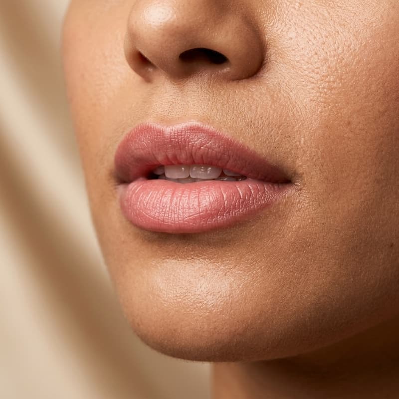 Macro of healed lip blush in warm rose tone on Fitzpatrick V skin, showing true settled pigment colour