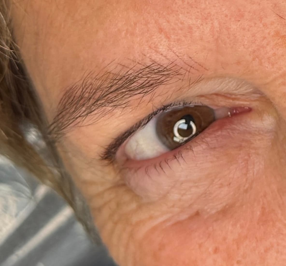 Healed microblading macro on fair skin, open warm-brown eye, soft natural hair-stroke pattern